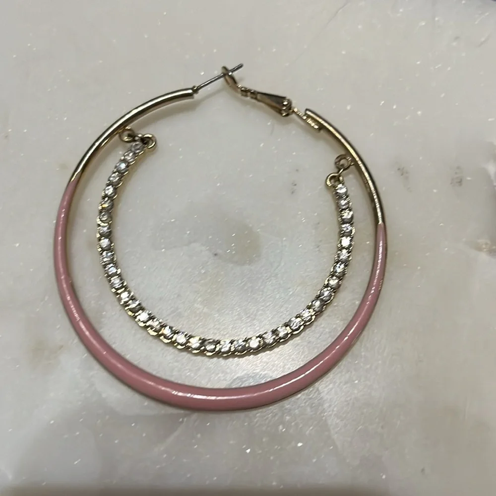 Charming Charlie Pink & Rhinestone big hoop pierced earrings
